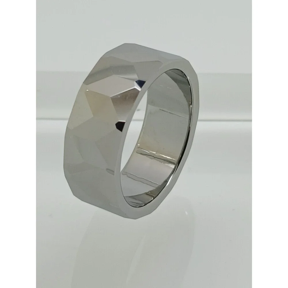 Vintage Tungsten Faceted Geometric Band Ring Silver 8mm Size 9.75 1990s Y2K NOS